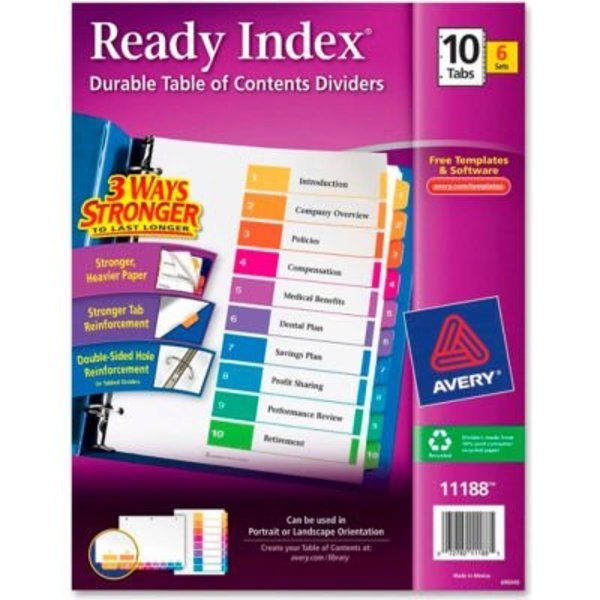 Avery Dennison Avery Ready Index T.O.C. Reference Divider, 1 to 10, 8.5"x11", 10 Tabs, 6 Sets, White/Multi 11188